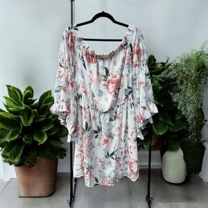 indulge White Floral Peasant Dress with Blush Pink and Gray Leaves